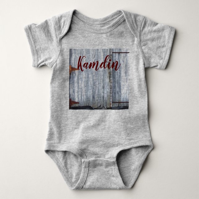 Personalised Baby Body Suit White Wash Wood Barn D Baby Bodysuit (Front)