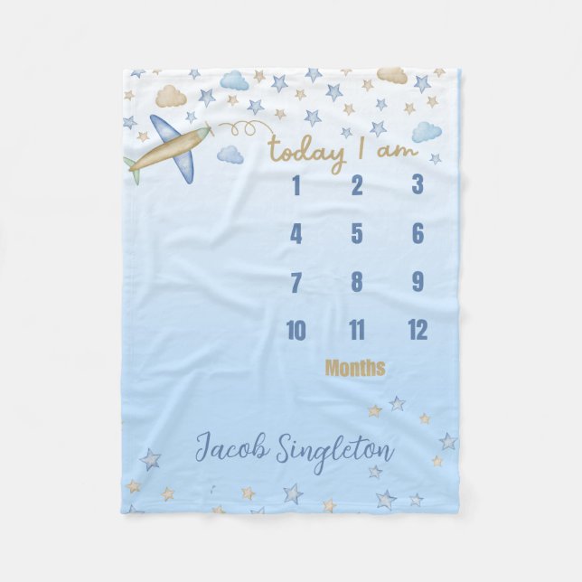 Personalised Baby Boy Aeroplane Milestone Blanket (Front)