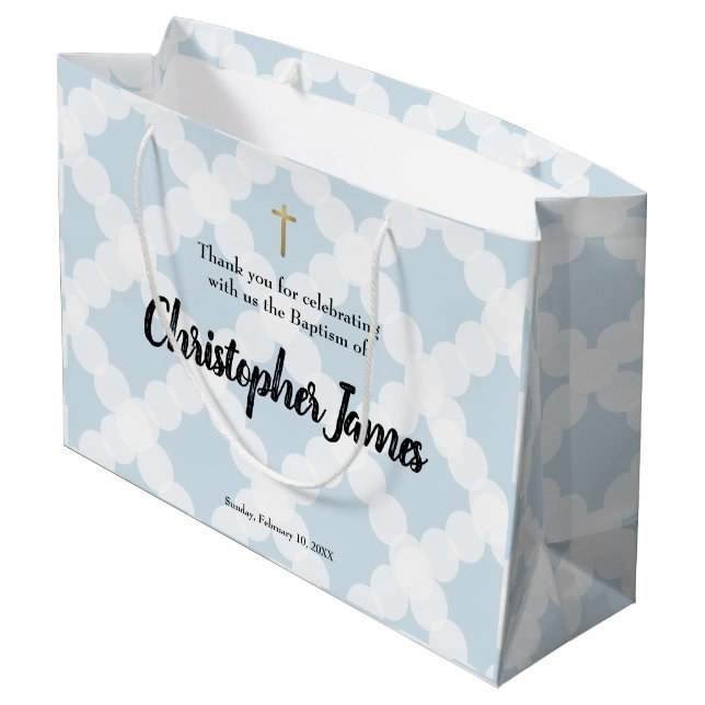 Personalised Baby Boy baptism Blue Gold Cross Large Gift Bag (Back Angled)
