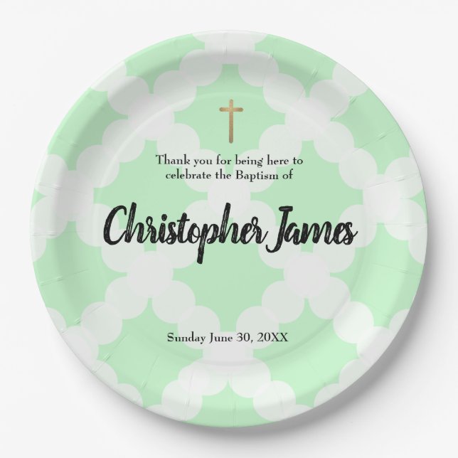 Personalised Baby boy | Baptism Green | gold cross Paper Plate (Front)