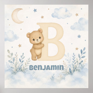 Personalised Baby Boy Bear Letter B Poster