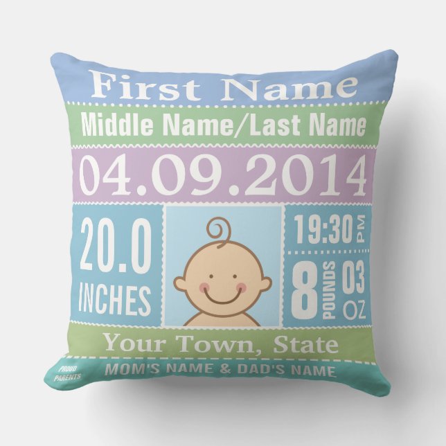 Personalised Baby Boy Birth Stats Pillow (Front)