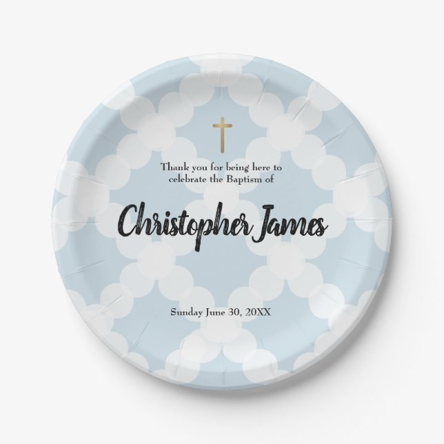 Personalised Baby boy blue Baptism & gold cross Paper Plate (Front)