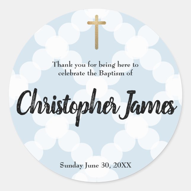 Personalised baby boy blue baptism thank you classic round sticker (Front)
