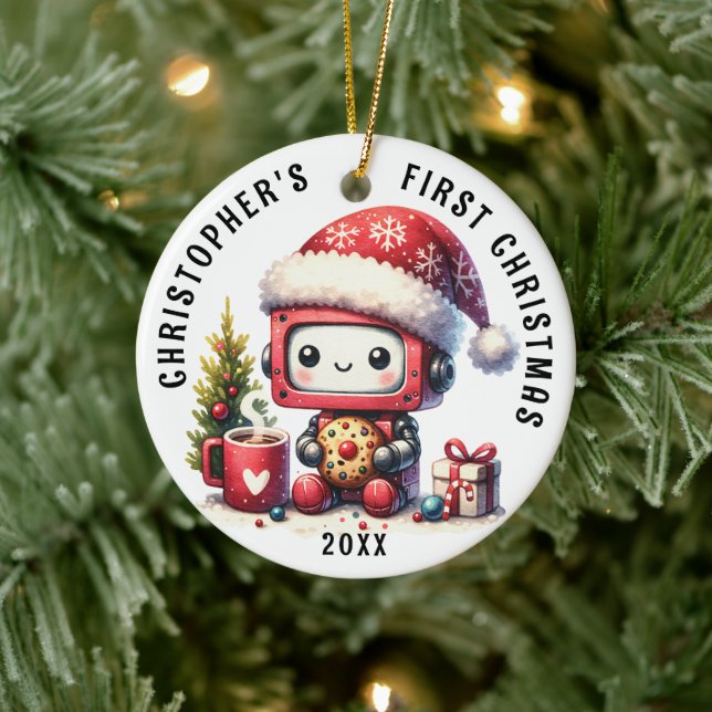 Personalised Baby Boy First Christmas Cute Robot Ceramic Ornament (Tree)