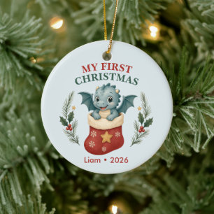 Personalised Baby Boy First Christmas Dragon Ceramic Ornament