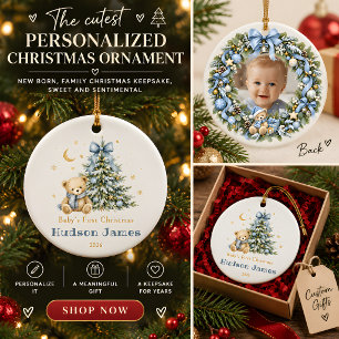 Personalised Baby Boy First Christmas Photo Ceramic Ornament