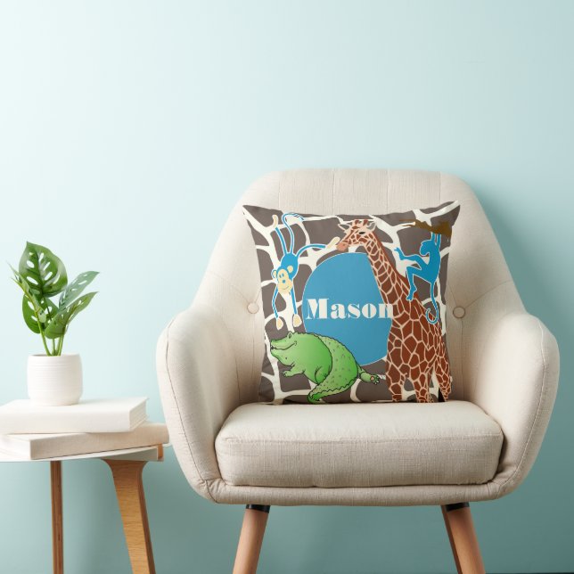 Personalised Baby Boy Jungle Giraffe Pattern Cushion (Chair)
