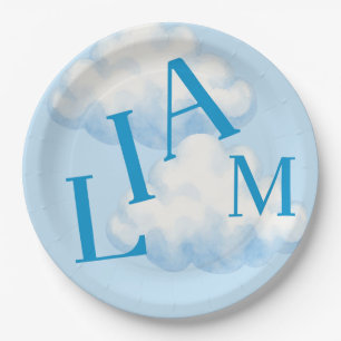 Personalised Baby Boy Name Blue Clouds Sky Paper Plate