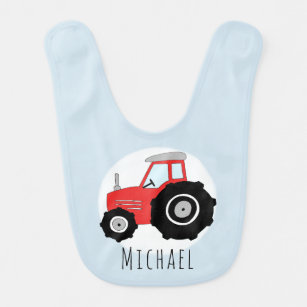 Personalised Baby Boy Red Farm Tractor with Name Bib