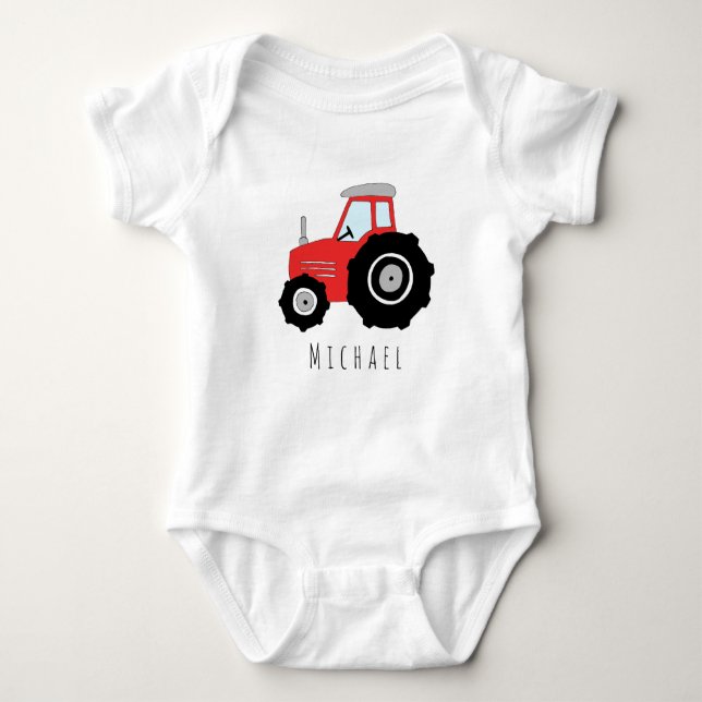 Personalised Baby Boy Red Farm Tractor with Name Bodysuit (Front)