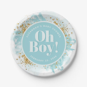 Personalised Baby Boy Shower Watercolor Glitter Paper Plate