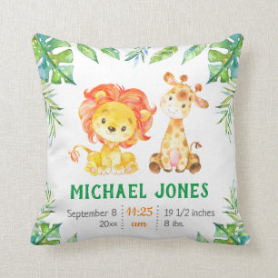 Personalised Baby Boy Stats Green Safari Nursery Cushion