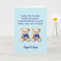 Personalised Baby Boy Twins Congratulations, Bears