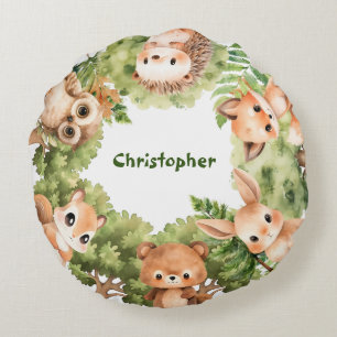 Personalised Baby Boy Watercolor Forest Animals Round Cushion