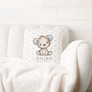 Personalised Baby Boy's Brown Bear Hearts Pattern Cushion