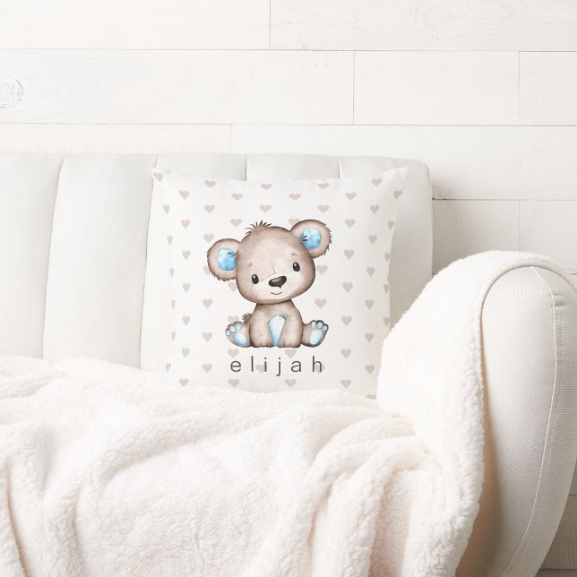 Personalised Baby Boy's Brown Bear Hearts Pattern Cushion (Creator Uploaded)