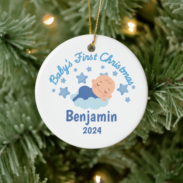 Personalised Baby Boys First Christmas Ceramic Ornament (Tree)