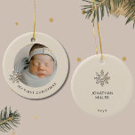 Personalised Baby Boy's First Christmas Ornament<br><div class="desc">Commemorate your baby boy's first Christmas with our "Personalised Baby Boy's First Christmas Ornament." The front of this delightful ornament showcases an adorable photo of your little one, framed by a charming champagne gold snowflake on the left, along with customisable text below. The light border adds a sweet touch to...</div>