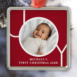 Personalised Baby Boy's First Christmas Photo Red Metal Ornament<br><div class="desc">This stylish Baby Boy's First Christmas Photo Ornament is decorated with the word JOY on a maroon red background.
Easily customisable with your photo,  name,  and year.</div>