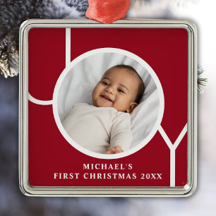 Personalised Baby Boy's First Christmas Photo Red Metal Ornament