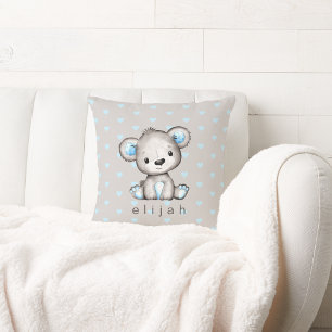 Personalised Baby Boy's Teddy Bear Blue Hearts Cushion