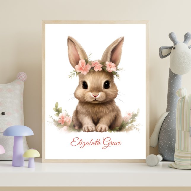 Personalised Baby Bunny Pink Flowers Nursery Print (Baby Bunny Pink Flowers Personalized Nursery Wall Art poster print)