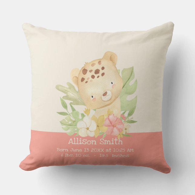 Personalised Baby Cheetah Birth Stats Cushion (Front)