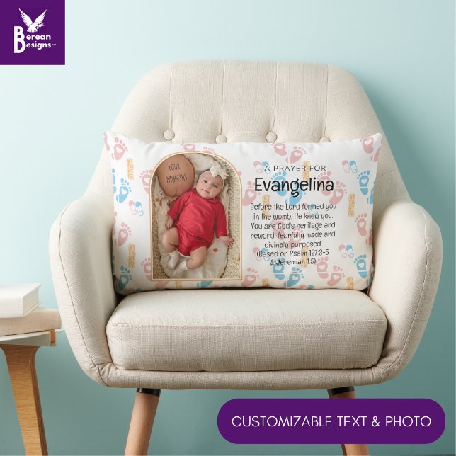 Personalised Baby Christian Prayer Keepsake Lumbar Cushion (Cute Christian baby keepsake lumbar pillow w/ customizable photo and blessing. Ideal for new parents)