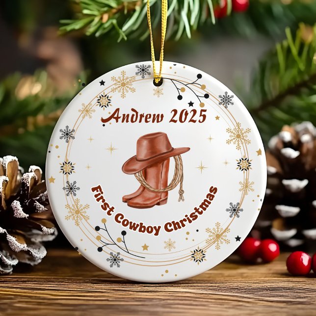Personalised Baby Cowboy First Christmas  Ceramic Ornament (Creator Uploaded)