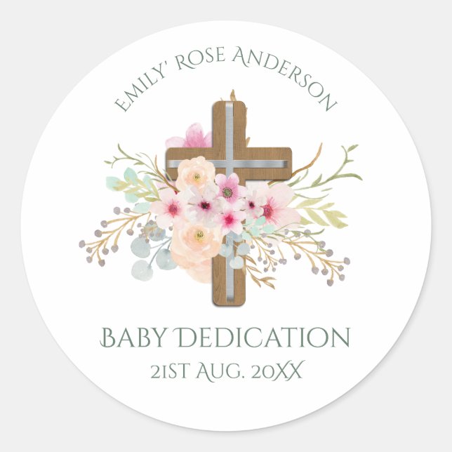 Personalised BABY Dedication Floral Cross Classic Round Sticker (Front)