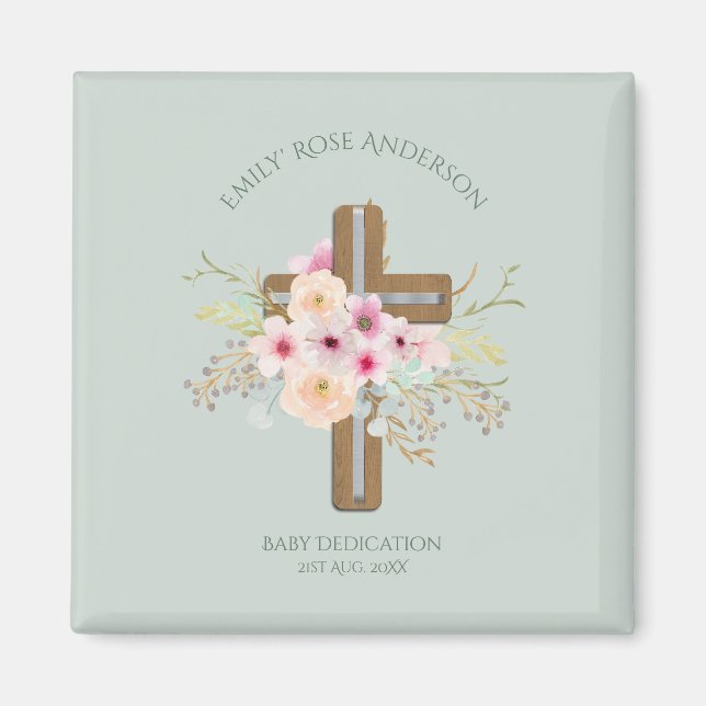 Personalised BABY Dedication Floral Cross Magnet (Front)