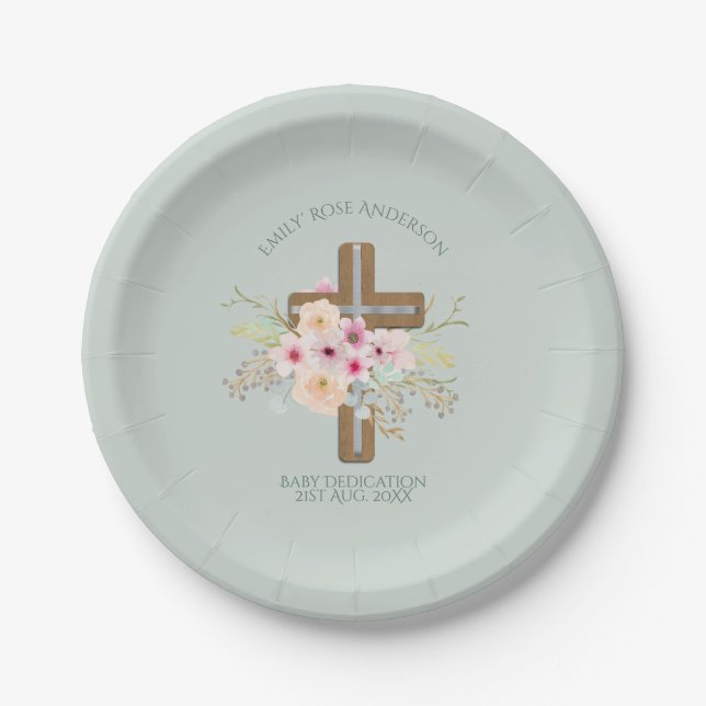 Personalised BABY Dedication Floral Cross Paper Plate (Front)