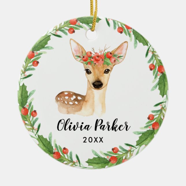 Personalised Baby Deer | Cute Baby Girl Photo Ceramic Ornament (Front)