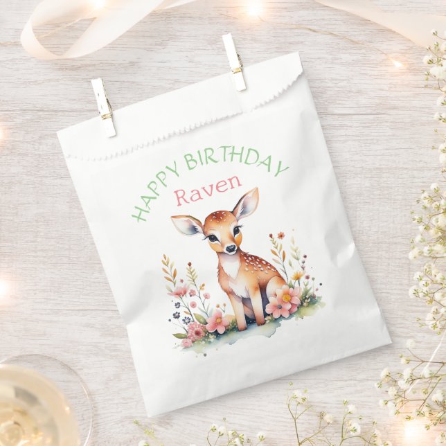 Personalised Baby Deer in Flowers Girl's Birthday  Favour Bag (Clipped)