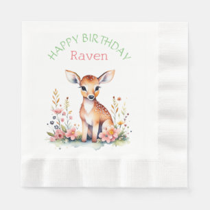 Personalised Baby Deer in Flowers Girl's Birthday  Napkin