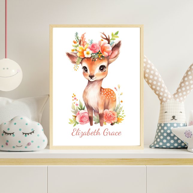 Personalised Baby Deer Pink Florals Nursery Wall  Poster (Baby Deer Pink Florals Watercolor Personalized Nursery Wall Art Poster Print)