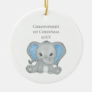 Personalised Baby Elephant Blue Baby 1st Christmas Ceramic Ornament