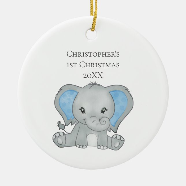 Personalised Baby Elephant Blue Baby 1st Christmas Ceramic Ornament (Front)