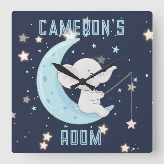 Personalised Baby Elephant Fishing 4 Stars Poster  Square Wall Clock (Front)