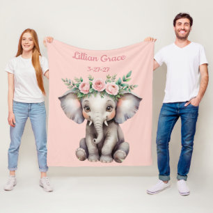 Personalised Baby Elephant Girl's Safari Nursery Fleece Blanket
