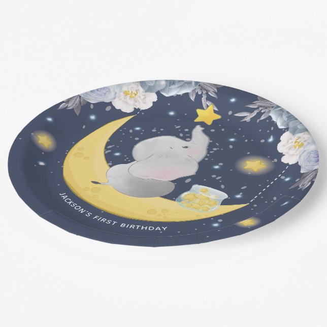 Personalised Baby Elephant on Moon Paper Plate (Angled)