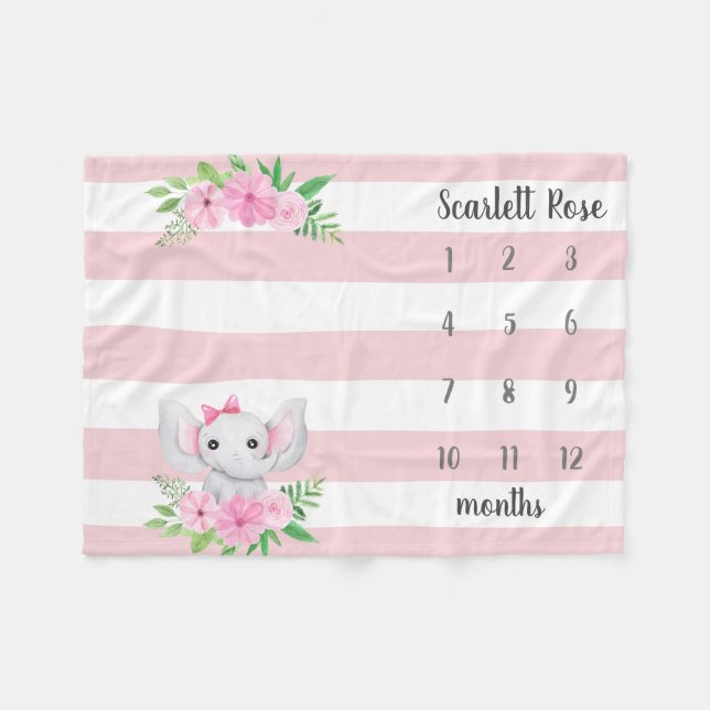 Personalised Baby Elephant Photo Milestone Fleece Blanket (Front (Horizontal))