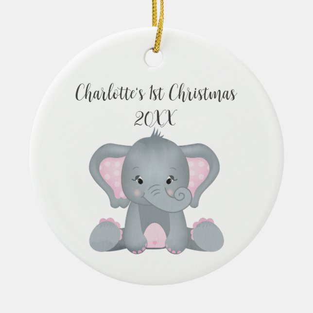 Personalised Baby Elephant Pink Baby 1st Christmas Ceramic Ornament (Front)