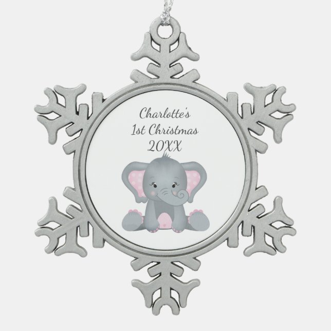 Personalised Baby Elephant Pink Baby 1st Christmas Snowflake Pewter Christmas Ornament (Front)