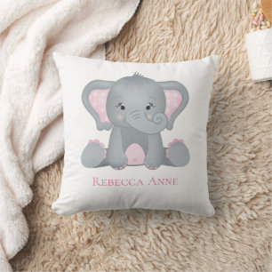 Personalised Baby Elephant Pink Grey Nursery  Cushion