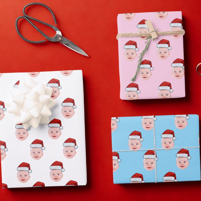 Personalised Baby Face Photo Santa Hat Christmas Wrapping Paper Sheet (Creator Uploaded)