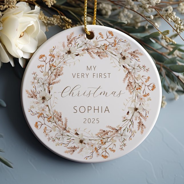 Personalised Baby First Christmas Boho Wildflowers Ceramic Ornament (Creator Uploaded)