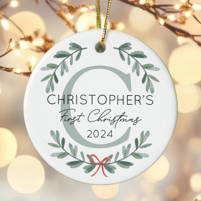 Personalised Baby First Christmas Festive Greenery Ceramic Ornament (Creator Uploaded)