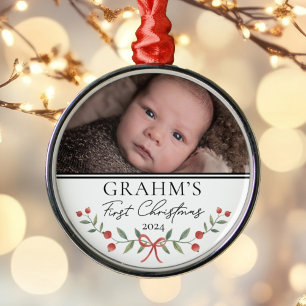 Personalised Baby First Christmas Festive Photo Metal Ornament